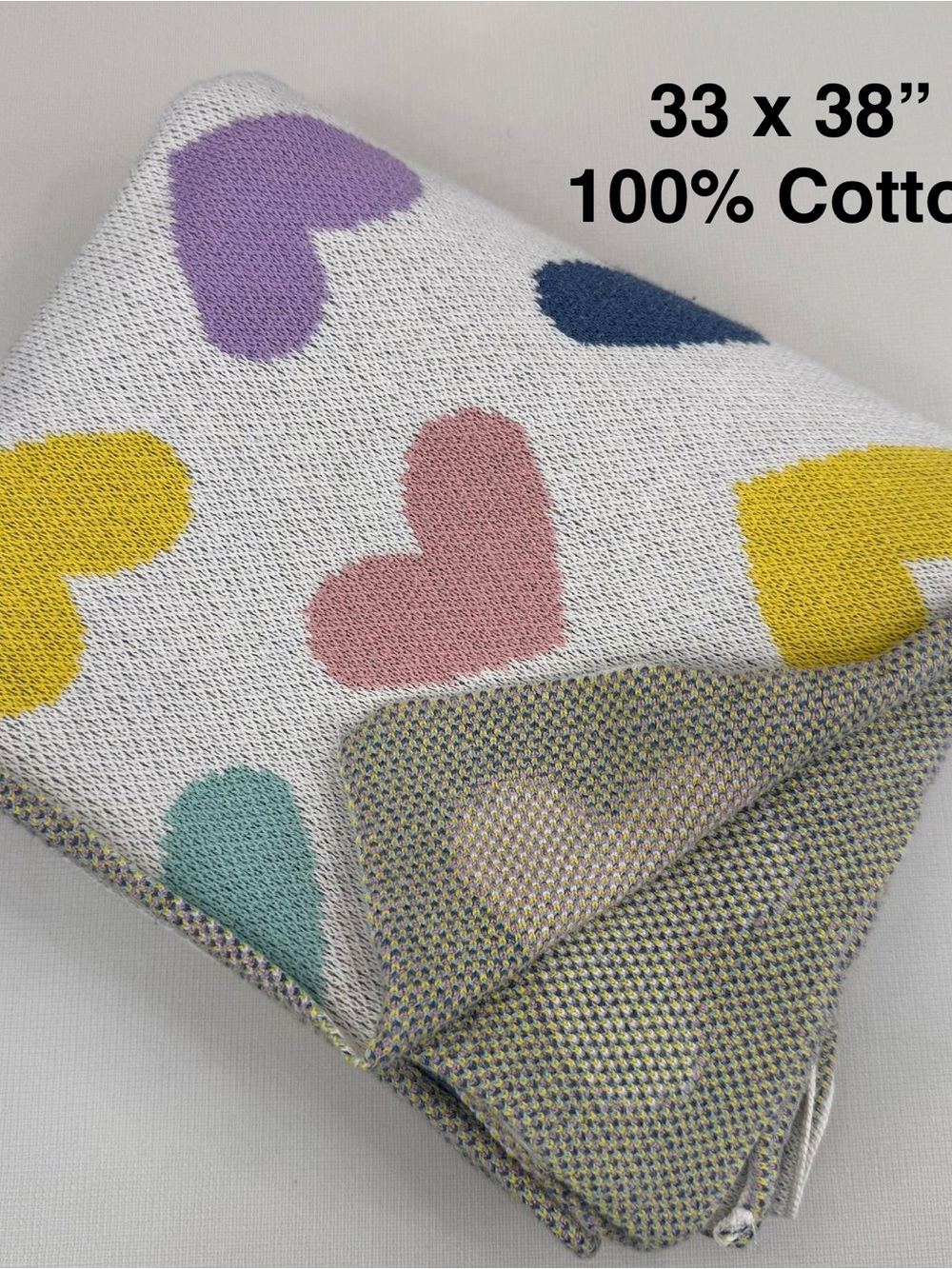 Cotton 100% Baby Blanket Throw Heart Pink Knit Valentine 33x38” Cozy Soft Decor